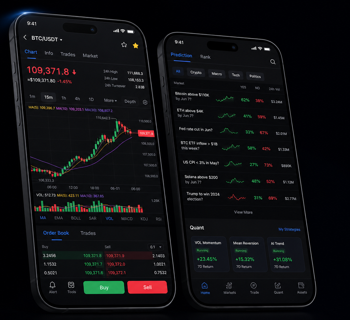 Billions 手机端交易、预测和量化界面预览
